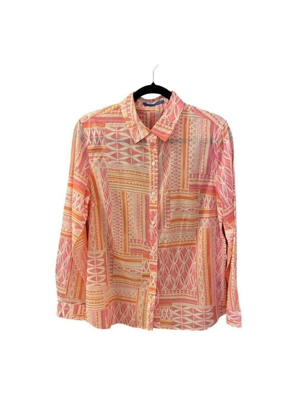 J. McLaughlin Coral Geometric Print 100% Cotton Button Down Shirt Size L Classic